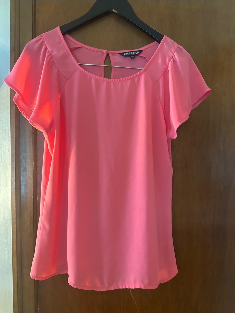 Express Pink Flutter-Sleeve Scoop Neck Blouse